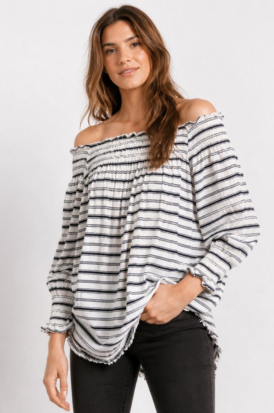 Faithfull the Brand Escalo Off Shoulder Striped Smocked Boho Top US 2 UK 6